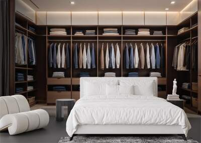 Modern, minimalist walk-in wardrobe with hanging clothes, shelves, and drawers. Ideal for organizing accessories in a luxury closet. Wall mural