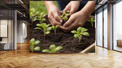 Hands Caring for Seedlings in Garden Wall mural