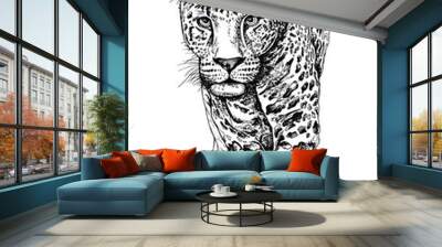 Sketch of a walking leopard. Hand drawn style print. Vector black and white illustration. Wall mural