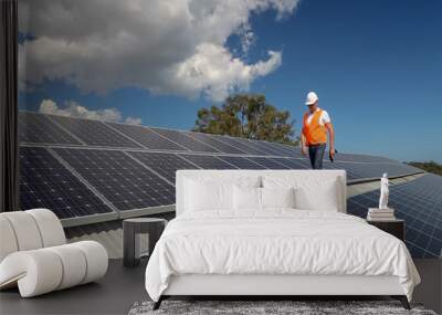 Abstract, blur, bokeh background, defocusing - image for the background. A man working at solar power station Wall mural