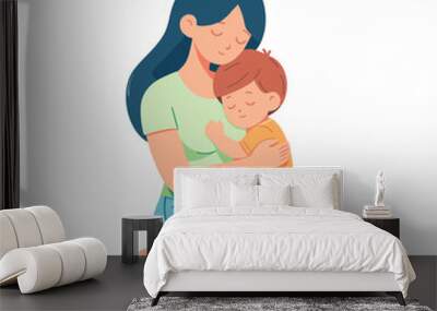 Illustration of young mother and cute son hugging 2 Wall mural