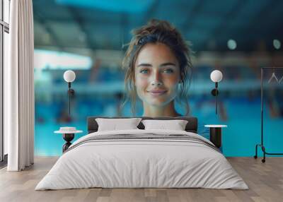 A female athlete portrait in the swimming pool stadium Wall mural