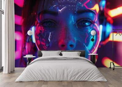 Cyberpunk girl in Metaverse virtual digital technology. Artificial intelligence Wall mural