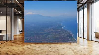 Aerial view from wimdow airplane sky summer tropical blue sky fluffy white cloud summertime on light sunny day cloudscape ocean seascape. Clear bright blue skyline spring sunlight climate background Wall mural