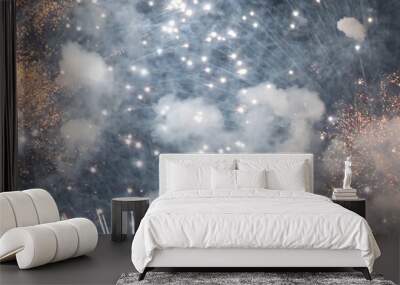 Banner blue Firework celebrate anniversary happy new year 2024, 4th of july holiday festival. Banner blue firework night celebrate national holiday. Countdown new year 2025 festival with copy space Wall mural