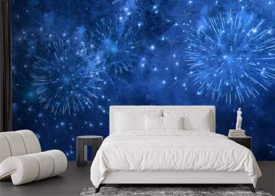 Banner blue Firework celebrate anniversary happy new year 2024, 4th of july holiday festival. Banner blue firework night celebrate national holiday. Countdown new year 2025 festival with copy space Wall mural