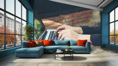 Banner Woman typing laptop computer online meeting at home office work from home. Asian businesswoman use notebook laptop. Programmer woman typing keyboard laptop read online website with copy space Wall mural