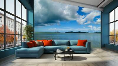 Blue sea white beach turquoise ocean wave coastal in tropical paradise landscape. Beautiful scene seascape marine coastline destinations. Tropical beautiful blue ocean lagoon lake travel summer time. Wall mural