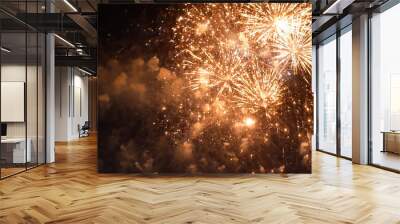 Golden Firework celebrate anniversary happy new year 2023, 4th of july holiday festival. Gold firework in the night time celebrate national holiday. Countdown to new year 2023 gold party time event Wall mural