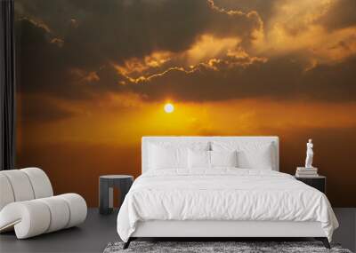 Golden sky sunrise dramatic beautiful landscape view. Dawn sky gold dusk time cloudscape with sunlight. Dramatic sunset scenic landscape. Beautiful landscape sunshine nature Wall mural