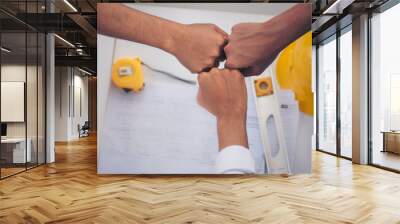 Group of multiracial people Teamwork meeting join hands Engineer Manager Foreman fist bump together. Close up diversity engineer people hands partner teams. Business connection team join partnership Wall mural