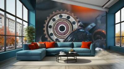 Mechanic tools engineering equipment car auto repair shop with copy space. Blurred background mechanical service. Heavy screw grungy rusted wrenches dirty screwdriver object. Industrial hardware set Wall mural