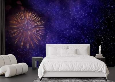 Purple Firework celebrate anniversary happy new year 2024, 4th of july holiday festival. Purple firework in night time celebrate national holiday. Violet firework Countdown to new year 2024 festival Wall mural