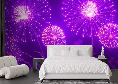 Purple Firework celebrate anniversary happy new year 2024, 4th of july holiday festival. Purple firework in night time celebrate national holiday. Violet firework Countdown to new year 2024 festival Wall mural