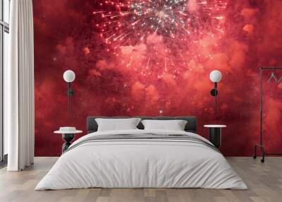 Red Firework celebrate anniversary happy new year 2023, 4th of july holiday festival. red firework in night time celebrate national holiday. Countdown to new year 2023 festival party time event Wall mural