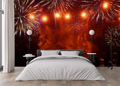 Red Firework celebrate anniversary happy new year 2024, 4th of july holiday festival. red firework in night time celebrate national holiday. Countdown to new year 2024 festival party time event Wall mural