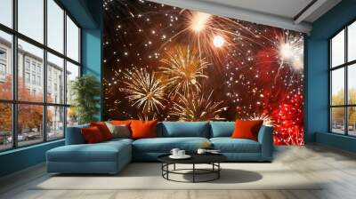 Red Firework celebrate anniversary happy new year 2024, 4th of july holiday festival. red firework in night time celebrate national holiday. Countdown to new year 2025 festival party time event Wall mural