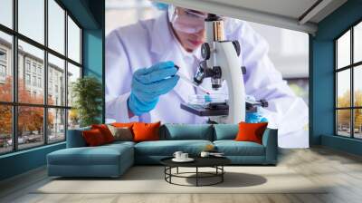 Woman scientist in lab look at science microscope medical test and research biology chemistry. Females technician laboratory analyzing scientific pharmacy genetic research. Chemistry Medical test lab Wall mural