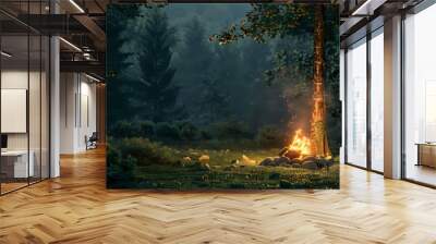 a peaceful view of campfire in a lush green forest in the evening Wall mural