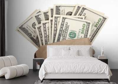 A lot of one hundred dollar bills in a bag isolated on white Wall mural