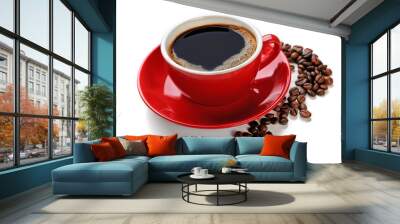 A red cup of tasty drink and scattered coffee grains, isolated on white Wall mural