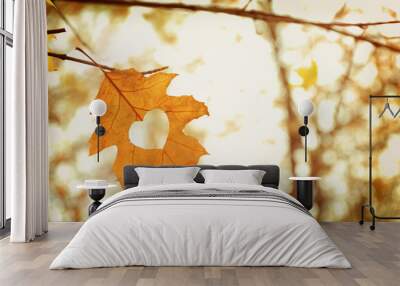 Autumn leaf with heart, outdoors Wall mural