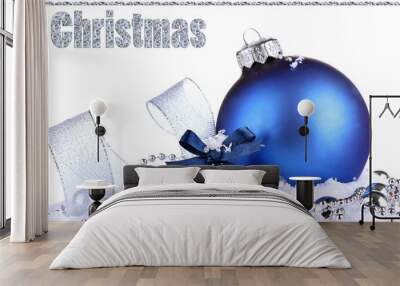 Beautiful blue Christmas balls on snow, isolated on white Wall mural