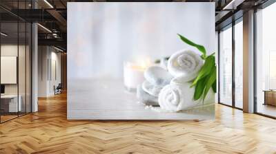 Beautiful composition of spa treatment on wooden table Wall mural