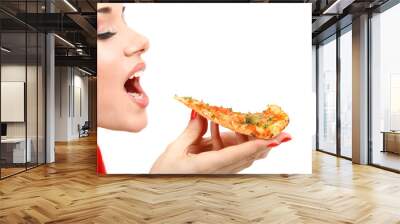 Beautiful girl eats pizza close-up isolated on white Wall mural