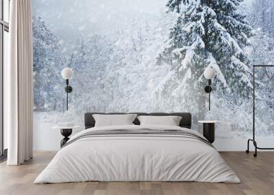 Beautiful winter landscape during snow storm Wall mural