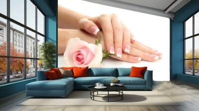 beautiful woman hands with rose, isolated on white Wall mural