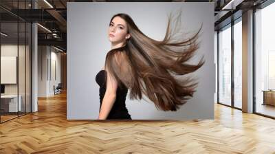 Beautiful young woman with long straight hair on light background Wall mural