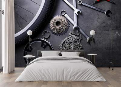 Bicycle parts and repair tools on gray background Wall mural