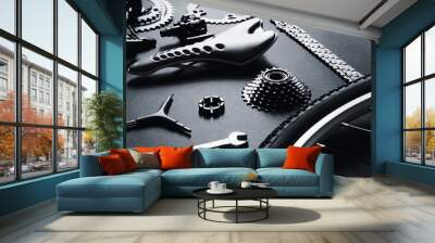 bicycle parts and repair tools on gray background Wall mural