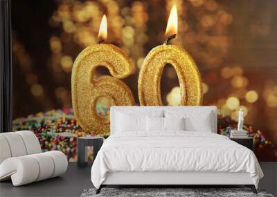 Birthday cake with burning candles on blurred background Wall mural