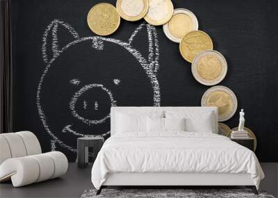 Blackboard with image of piggy bank and coins Wall mural