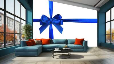 Blue ribbon with bow isolated on white Wall mural