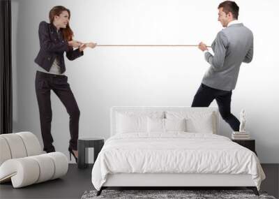 Business people stretching rope isolated on white Wall mural