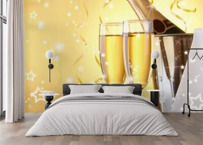 Champagne bottle in bucket with ice and glasses, Wall mural