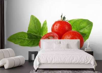 Cherry tomatoes and green fresh organic basil isolated on white Wall mural