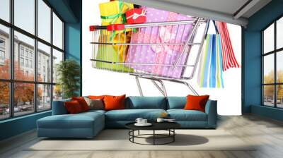 Christmas gifts and shopping in trolley isolated on white Wall mural