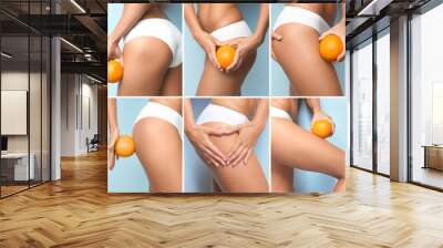 Collage of young woman with orange on color background. Cellulite problem concept Wall mural