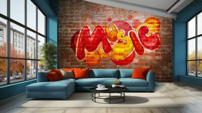 Colorful word MUSIC on brick wall background. Graffiti style Wall mural