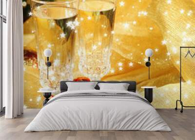 Composition with Christmas decorations and two champagne Wall mural