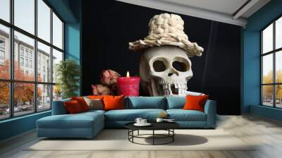 Composition with skull in hat,  candle and dried rose isolated Wall mural