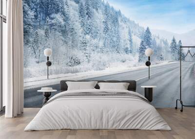 Country road in snowy winter day Wall mural