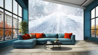 Countryside road during snow storm Wall mural