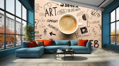 Cup of coffee, top view. Start up concept Wall mural