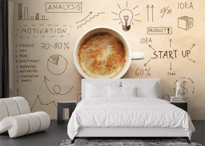 Cup of coffee and drawing business strategy Wall mural