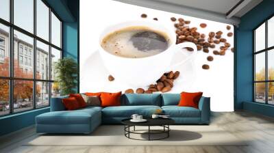 Cup of coffee with milk and coffee beans isolated on white Wall mural